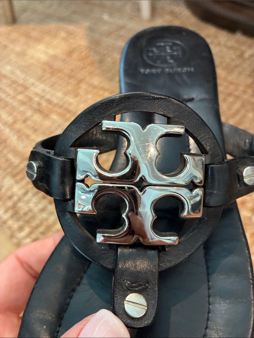 Tory Burch Black Sandals with Silver-Tone Logo Medallions - Picture 8 of 9